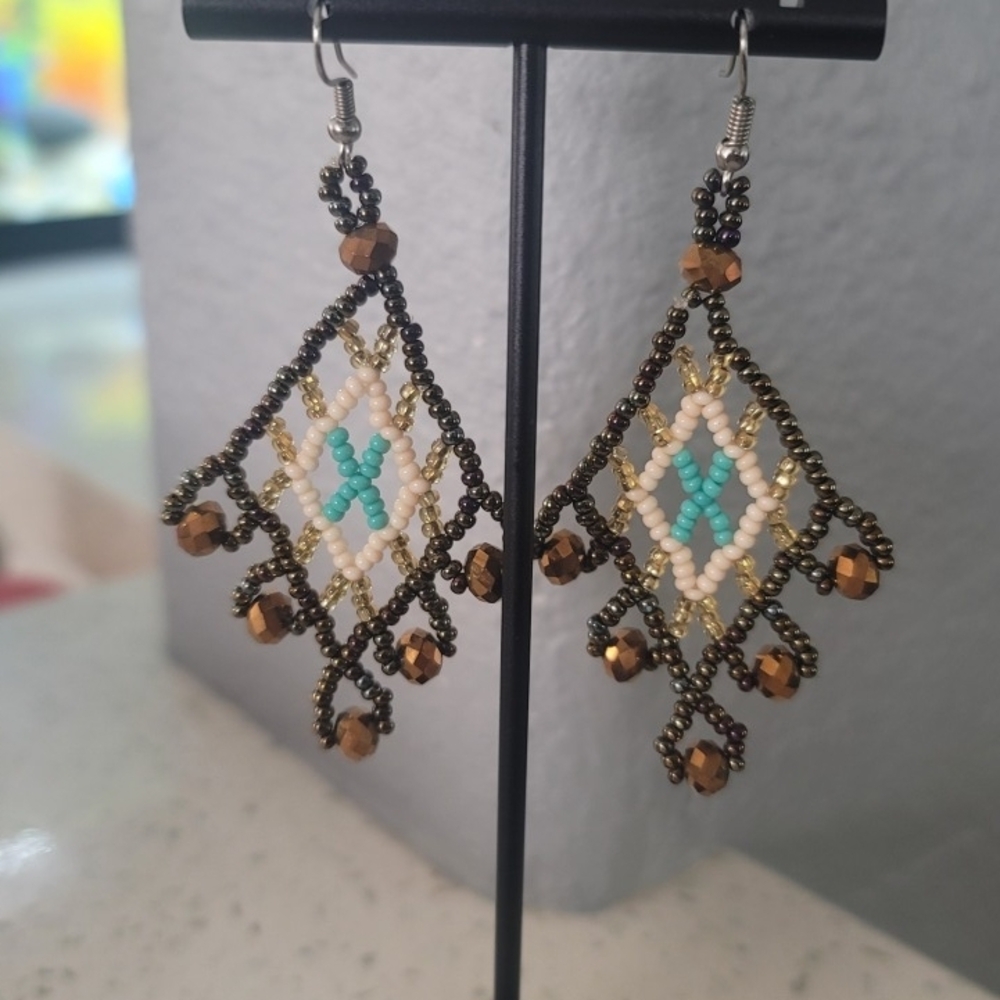 Handcrafted Huichol Beaded Earrings with Turquoise and Gold Details